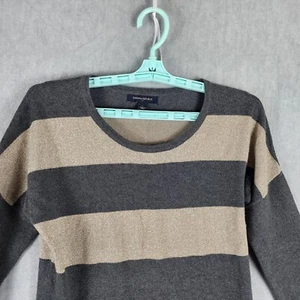 Banana Republic Woman Sweater S Gray Gold Stripe Tunic Knit Stretch Long Sleeve - Picture 1 of 9