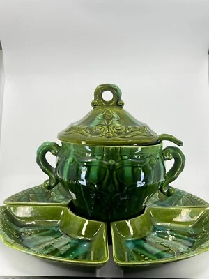 7pc 1950 Marcia of CA Pottery USA SOUP TUREEN w/ lid & 4 dishes & Ladle GREEN MC - Image 1 of 4