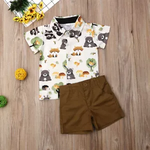 NWT Woodland Animals Fox Bear Boys Short Sleeve Button Shirt & Shorts Outfit Set - Picture 1 of 5