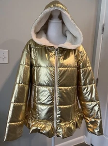 NWT Kate Spade Gold Metallic Hooded Faux Fur Lined Puffer Coat Xmas Jacket L - Picture 1 of 8