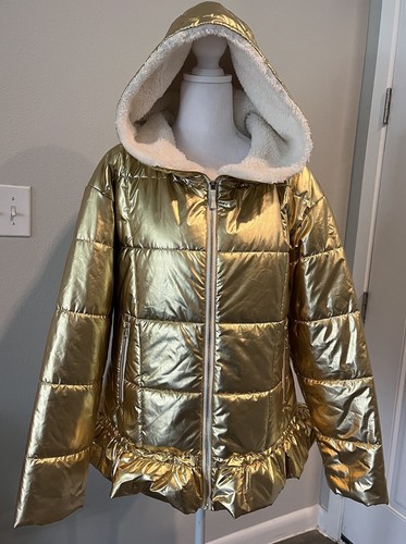 Cappotto imbottito foderato pelliccia sintetica oro metallizzato Kate Spade nuovo con etichette giacca natalizia L