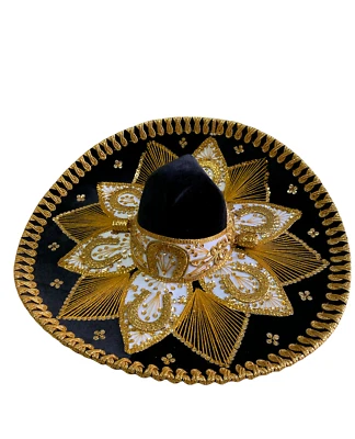 CHAPÉU MARIACHI MEXICANO, CHARRO, SOMBRERO, FANTASIA, 22" TAMANHO ÚNICO, PRETO/DOURADO - Imagem 1 de 3