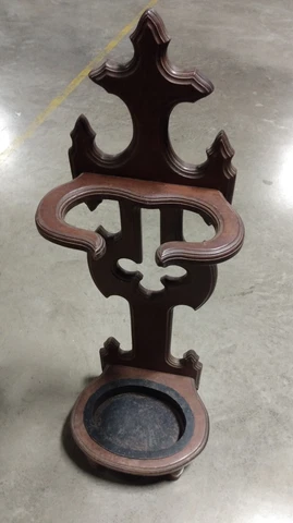 Antique Victorian Gothic Walnut Umbrella Stand With Cast Iron Pan Cover