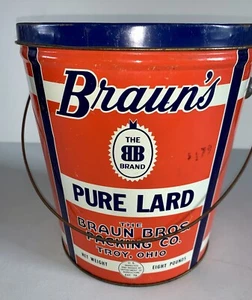 Vintage Braun's Pure Lard Pail Bucket Tin 8 lbs Braun Bros Packing Co Troy, Ohio - Picture 1 of 18