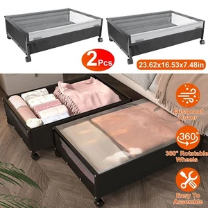 2X Under Bed Storage Containers W/ 360° Rotatable Wheels Visible Dustproof Cover - Picture 1 of 15