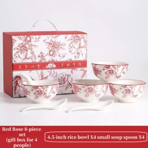 Ceramic Tableware Red Rose Rice Bowl With Spoons 4 bowls and 4 spoons - Picture 1 of 3