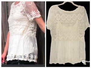 Sundance Fairy Whimsical Embroidered Sheer Lace Blouse Overlay Ivory Medium Boho - Picture 1 of 14