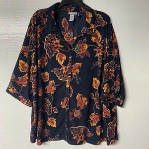Catherines Blouse Women 2X Petite Blue Colorful Floral Tropical Button Front - Picture 1 of 8