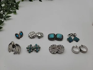 8 Pr Vtg Clip On Southwest Earrings Sterling Silver & Turquoise Monet Chaps... - Picture 1 of 15