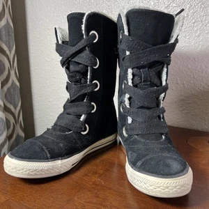 CONVERSE Chuck Taylor All Star Junior Black Suede Fleece Mid Calf High Top Sz 1 - Picture 1 of 16