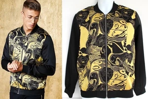 BoohooMan Floral Sateen BOMBER JACKET MENS Size S Gold/Black Party Wedding zip - Picture 1 of 7
