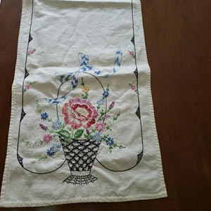 VTG Table Runner 36"x11" White Embroidered Basket Blue Pink Floral with Ribbon - Picture 1 of 8