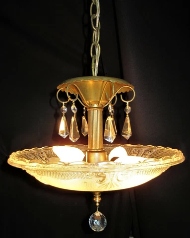 VTG ART NOUVEAU HANGING CHANDELIER CEILING FIXTURE GLASS SHADE CRYSTAL 40's Cover