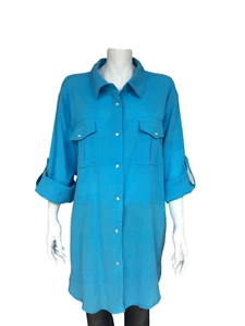 Woman Within Plus Sz 1X (22/24) Cotton Pearl Button-Up Roll-Tab Sleeve Tunic Top - Picture 1 of 7