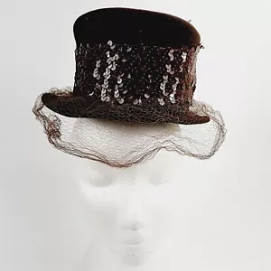Vintage Olivier Womens Brown Wool Sequins Net Bow Hat w/ Bon Marche Box - Picture 1 of 12