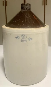 Vintage Stoneware 2 Gallon Jug Beige & Brown With “2” Stamp - Picture 1 of 12