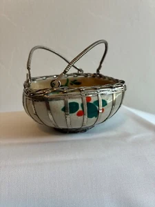 Japanese Awaji Pottery Mini Bowl Basket Woven Silver Overlay Wire Handle - Picture 1 of 5