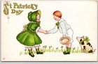 ST. PATRICK'S DAY POSTCARD Irish Boy & Girl Shaking Hands, Pig in Green Bow