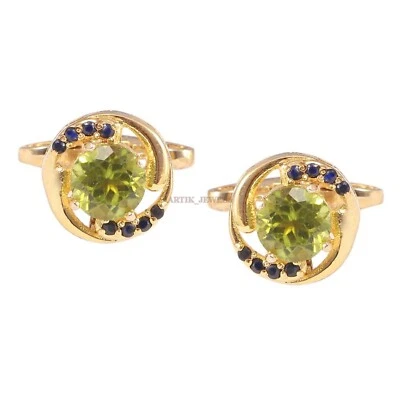 Natural Peridot & Heated Sapphire With 18k Gold Plated Silver Cufflink #2451 - Image 1 of 4