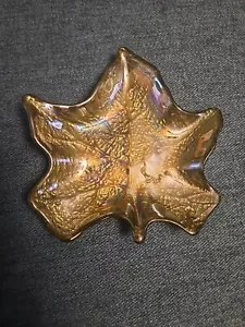 Glass Maple Leaf Bowl Irridescent Green 6" Trinket Nut Dish - Picture 1 of 7