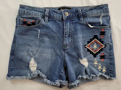 Nanette Shorts Women 6 Blue Aztec Southwestern Jean Raw Hem Mid Rise Stretch  - Image 1 of 4