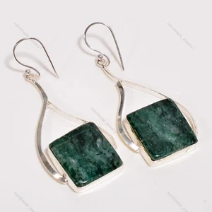 Green Aventurine Gemstone Sterling Silver Hook Drop Elegant Bezel Boho Earrings - Picture 1 of 5