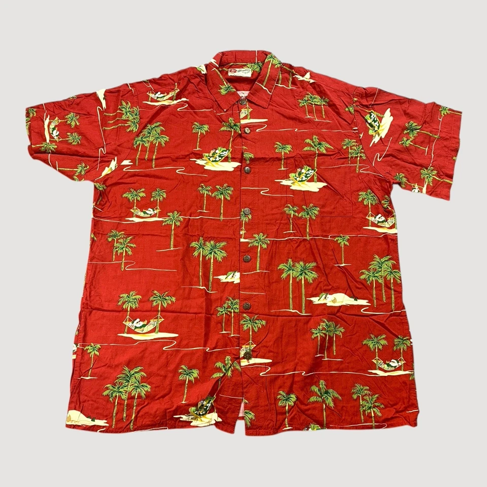 Camisa masculina Hilo Hattie 2XL vermelha tropical Papai Noel espreguiçadeira palmeiras rayon - Imagem 1 de 4