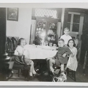 Vintage Photo Children Ready For Birthday Cake Basket Of Toys Gifts Snapshot - Picture 1 of 4