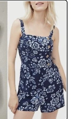 Romper Aeropostale verão tamanho P mistura de linho azul marinho floral botão praia manchada - Imagem 1 de 4