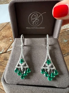 Exquisite 18ct White Gold Vivid Green Emerald & Genuine Diamond Earrings VS - Picture 1 of 4