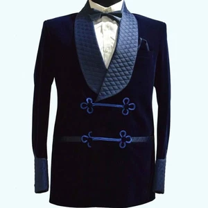 Men Smoking Jacket Navy Blue Velvet Quilted Shawl Lapel Party Wear Blazer Coat - Picture 1 of 5
