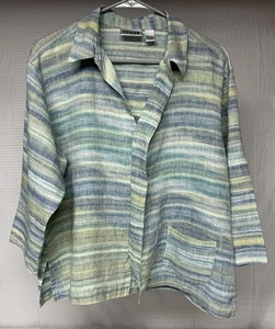 Chico’s Size 2 US Large Stripe Print Linen Jacket 3/4 Sleeves Greens & Blues - Picture 1 of 10