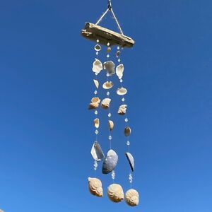 New Rustic Shell Wind Chime Mobile Drift Wood Nautical Beach Clear Glass Beads