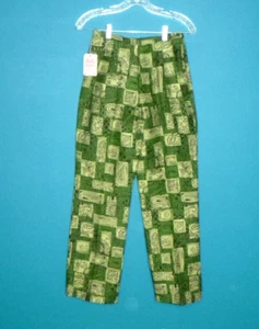 NOS Vtg 60s Lisa Linn GROOVY Print Cotton Pants Green Sunflower Paisley W 26" - Picture 1 of 11