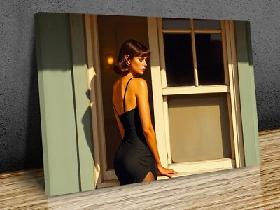 Vestido Mujer en Negro Estilo Edward Hopper, lienzo montado impresión arte listo para colgar Foto 1 de 4