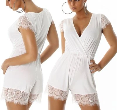 Sexy Damen Clubbing Shorty kurz Spitze Overall Hose Einteiler 34 36 38 weiß Neu - Bild 1 von 4