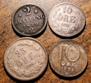 1870-1876-1945 NORWAY SWEDEN LOT OF 4 SILVER COINS: 2 SKILLING + 10 ORE + 25 ORE - Picture 1 of 2