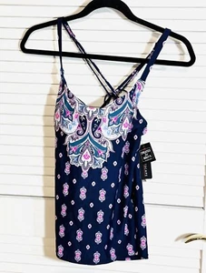 Island Escape Floral Push Up Tankini Swim Top Navy Size 10 Women NEW - Picture 1 of 15