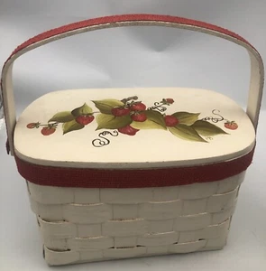 Basket Purse Wood Hinged Lid Handle Strawberries Design Lined 10”x6” - Picture 1 of 13