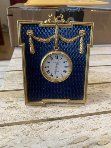 Kitney & Co London Guilloche Blue Enamel Traveling Clock Gold Tone Cover