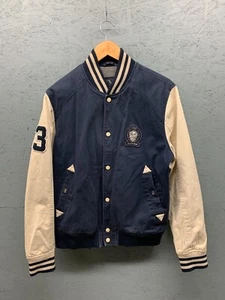 River Island Varsity Jacket Men’s Large Blue Beige Cotton Bomber Jacket Snap - Picture 1 of 13