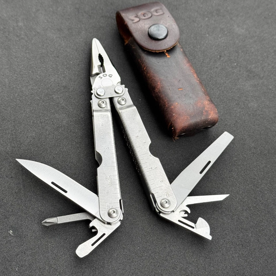 SOG Power Plier Silver Multitool Stainless Steel w/ Original Leather Case  - Image 1 of 4