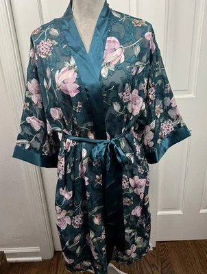 VTG Womens Kimono Robe Short Teal Floral Large Semi Peekaboo Coquette Feminine - Image 1 of 4