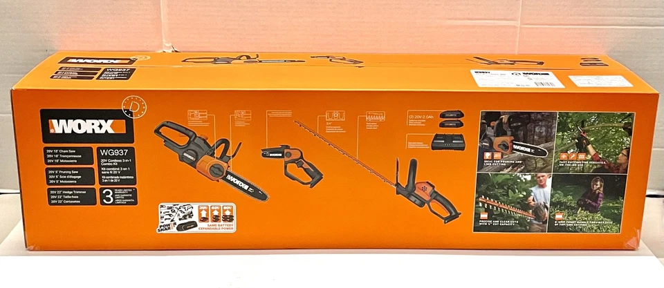 Worx WG937 - 22" Hedge Trimmer 5" Pruning Saw 10" Cordless Chainsaw Combo Kit