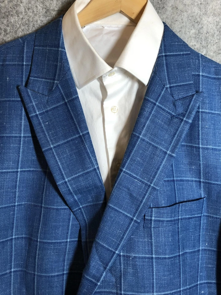 Stafford Blazer Mens 54R Blue Windowpane Classic Fit Wool Linen Sport Coat - Image 1 of 4