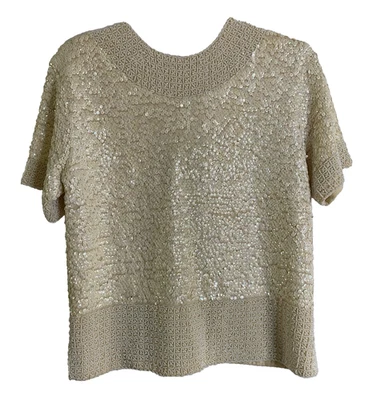 Винтажный женский импортный топ с бисером и блестками цвета слоновой кости — см. размеры - Изображение 1 из 4