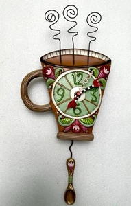 RARE Allen Designs studio collectables Wall Clock Cup Coffee w/ Pendulum WORKS! - Picture 1 of 10