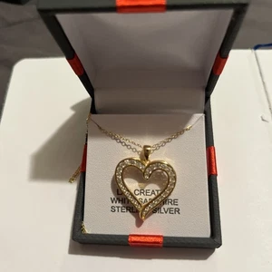 Lab Created White Sapphire  18” Heart Pendant 14kt.  Gold Over Sterling Silver - Picture 1 of 4