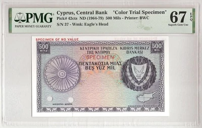 CYPRUS  500 Mils  ND (1964-1979)  P:42cts  UNC (67 PMG) "Color Trial" "SPECIMEN" - Image 1 of 2