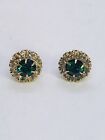 Antique 9CT Gold Stud Earrings With Green & Clear Pastes And Original Backs